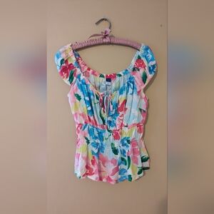 Old Navy Watercolor Floral Smocked Cap Sleeve Blouse